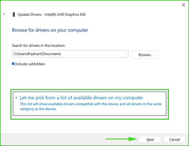 Let me pick from a list of available drivers on my computer