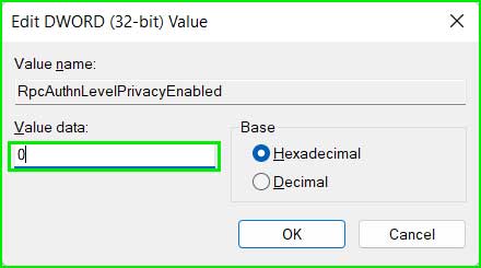set RpcAuthnLevelPrivacyEnabled Dword Value to 0