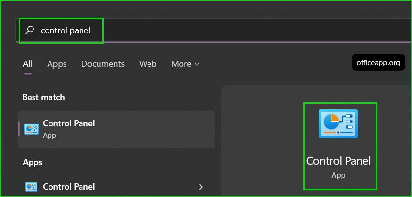 search control panel in start menu