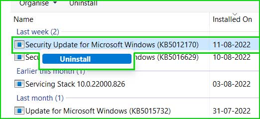 remove recently install updates from the control panel