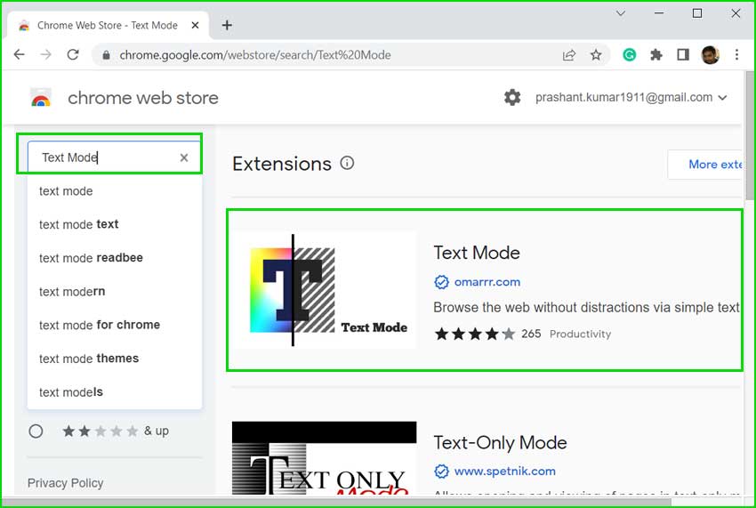 Install text mode extension in chrome