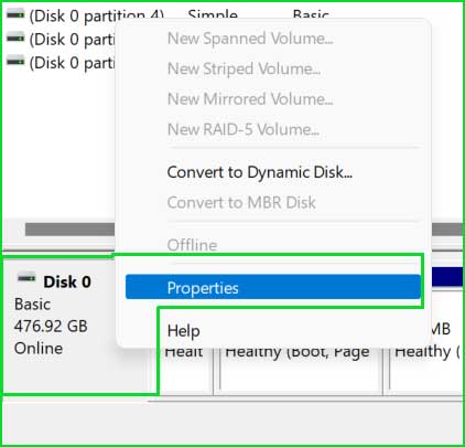 Disk properties in Disk Management Tool
