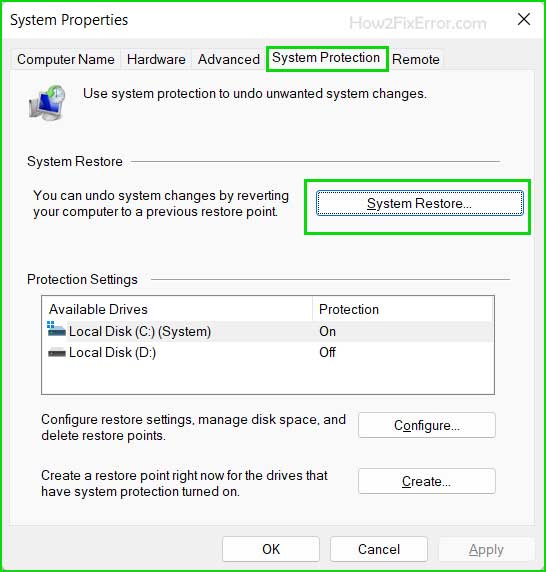 open system restore settings in windows 10 & 11