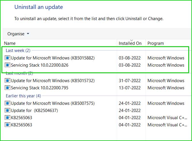 remove recently uninstall updates windows 11