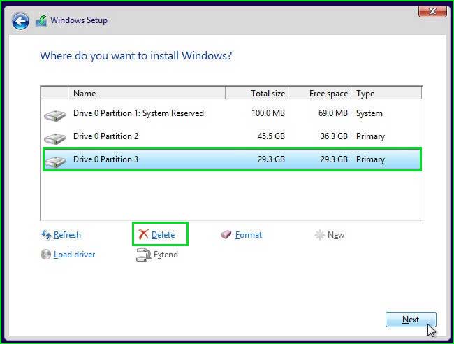 delete partition in windows installation