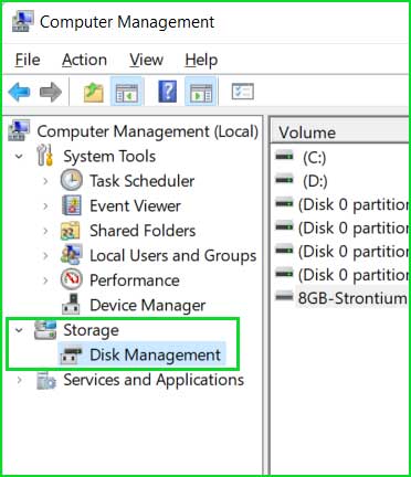 Storage section in Disk Management Windows 10 & 11
