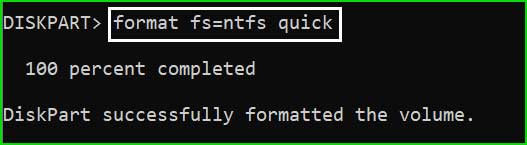 تنسيق fs=ntfs أمر سريع في diskpart. يتم استخدامه لتنسيق أجهزة التخزين.
