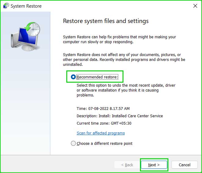 Recommended system restore windows 10 & 11