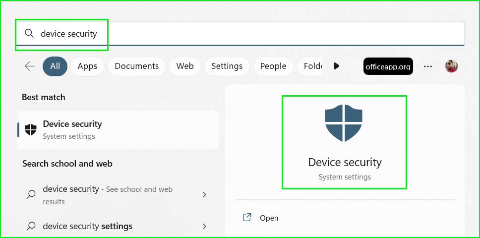 Search Device Security in the Start Menu Windows 10, 11
