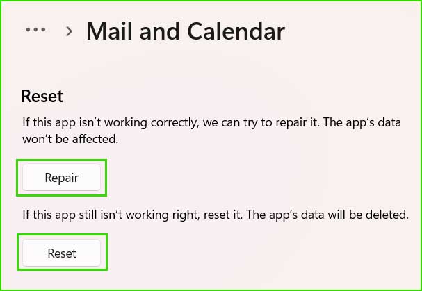 repair and reset the calendar apps